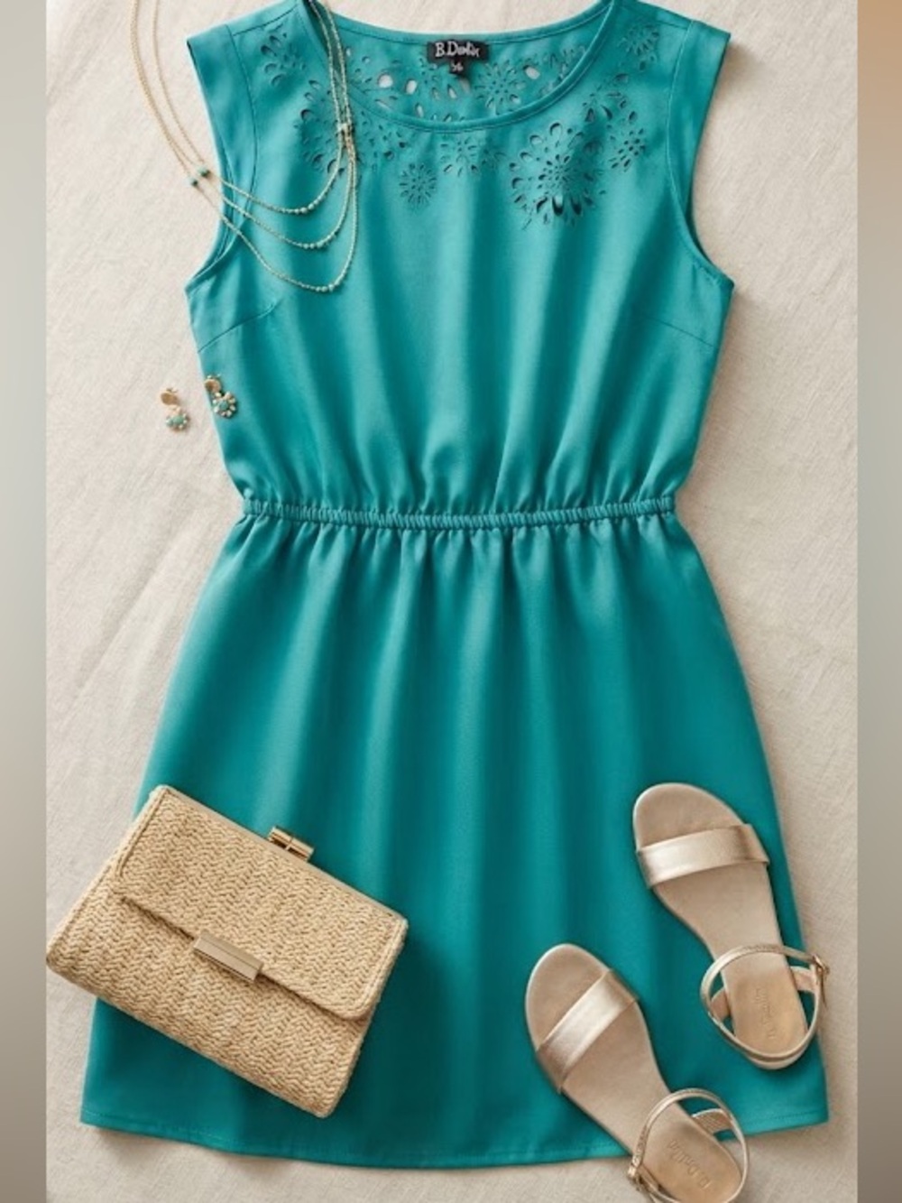 BNWT BeBop- Teal Sleeveless Elastic- Waist Mini Dress with Laser Cut Detail Mint